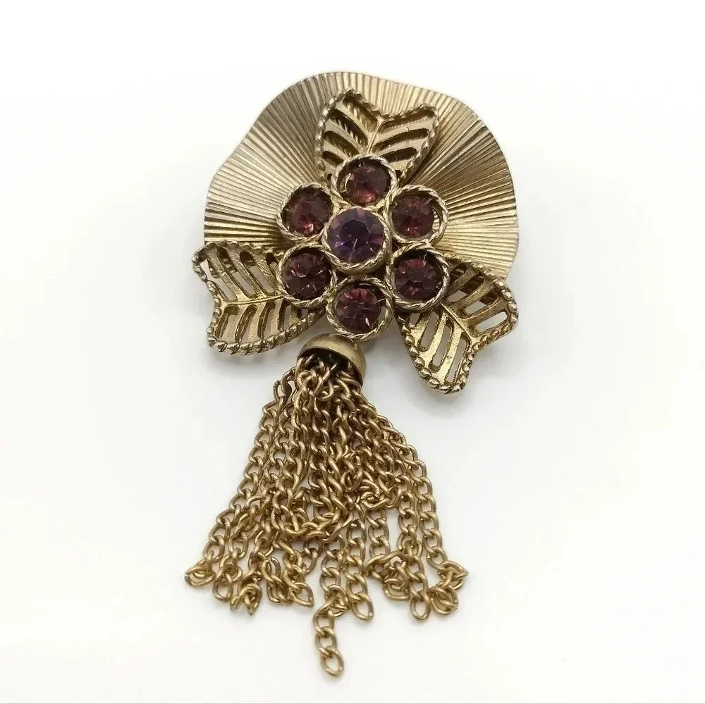Amethyst Rhinestone Statement Brooch Gold tone leaves and Tassels Vintage 3